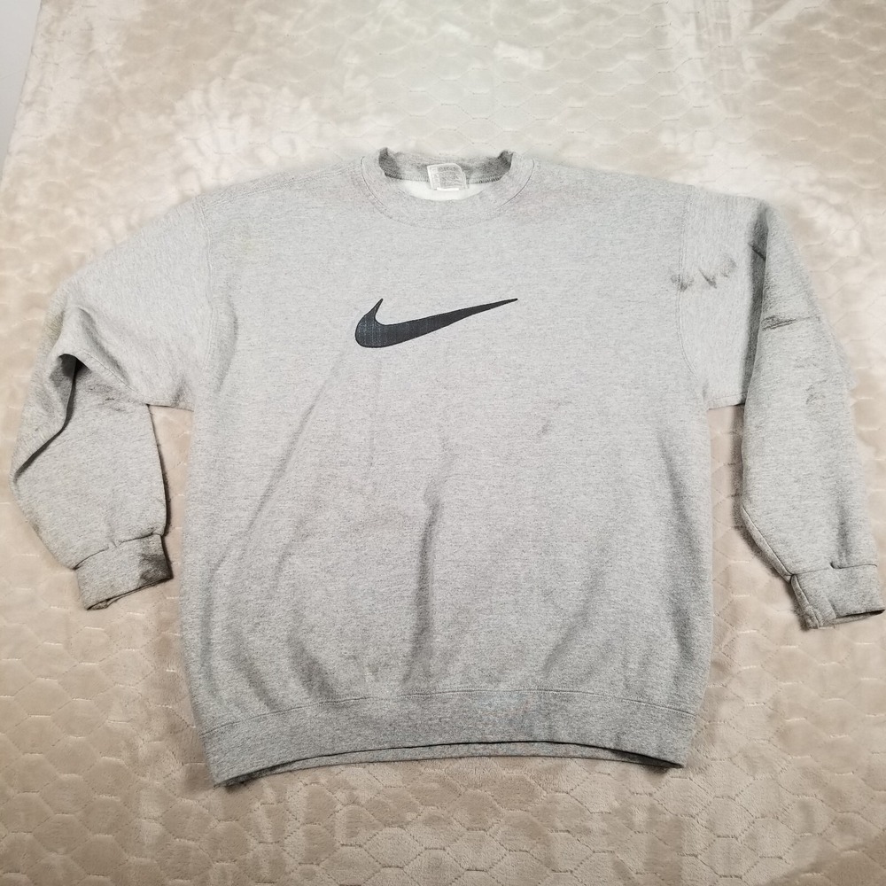Rare VTG NIKE Big Swoosh Crewneck Sweatshirt 90s USA Made Sz Large STAINED‎ Look